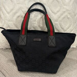 Gucci Black Monogram Tote with Green and Red Handles